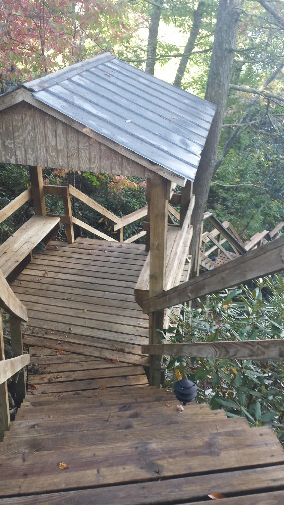 Metal roofed shelter over wooden steps on a wooded walkway — Skylight Repair & Installation work by our crew in Myton